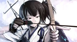Rule 34 | 10s, 1girl, aiming, archery, arrow (projectile), bow (weapon), brown eyes, brown hair, drawing bow, gloves, hetza (hellshock), holding bow (weapon), japanese clothes, kaga (kancolle), kantai collection, kyuudou, muneate, partially fingerless gloves, partly fingerless gloves, personification, ponytail, short hair, side ponytail, single glove, solo, weapon, yugake