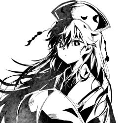 Rule 34 | 1girl, closed mouth, fiery pupils, greyscale, hair between eyes, hands in opposite sleeves, headdress, junko (touhou), long hair, looking at viewer, maisuiren, monochrome, simple background, solo, symbol-shaped pupils, touhou, upper body