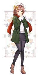Rule 34 | 1girl, absurdres, beret, black pantyhose, black skirt, boots, bow, brown eyes, brown footwear, brown hair, commentary, english commentary, green jacket, hair behind ear, hair bow, hat, highres, hood, hooded jacket, jacket, miori celesta, pantyhose, red scarf, ribbed sweater, rizuchi, scarf, second-party source, short hair, skirt, sleeves past wrists, smile, solo, sweater, tsunderia, virtual youtuber, white hat, white sweater, yellow bow