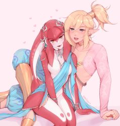 Rule 34 | 1boy, 1girl, androgynous, blonde hair, blue nails, bracelet, colored skin, desert voe set (zelda), fins, hair ornament, head fins, heart, highres, jewelry, leaning on person, legs together, link, mipha, nail polish, nereidere, nintendo, official alternate costume, pointy ears, red skin, ring, sash, shrug (clothing), sitting, smile, the legend of zelda, the legend of zelda: breath of the wild, topknot, zora