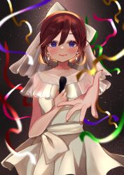 Rule 34 | 1girl, absurdres, backlighting, black background, blue eyes, blurry, blurry foreground, blush, bridal veil, bride, brown hair, covered collarbone, dress, earrings, foreshortening, highres, holding, holding microphone, jewelry, kaname buccaneer, kuzumochi (rosemary theory), macross, macross delta, microphone, open hand, outstretched arms, short hair, smile, solo, straight-on, streamers, veil, wedding dress, white dress