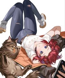 Rule 34 | 1girl, ange katrina, ange katrina (5th costume), bad id, bad twitter id, belt, black jacket, boots, brown belt, cat, cellphone, collarbone, denim, hair behind ear, highres, holding, holding phone, jacket, jeans, kamitoge supino, looking at viewer, nijisanji, official alternate costume, pants, phone, red hair, shirt, short hair, smartphone, solo, thigh gap, torn clothes, torn pants, upside-down, virtual youtuber, white background, white footwear, white shirt, yellow eyes