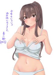 Rule 34 | 1girl, absurdres, breasts, brown eyes, brown hair, camisole, collarbone, hair intakes, highres, jouzaburou (joe3), kantai collection, large breasts, long hair, navel, panties, ponytail, sidelocks, smile, solo, spaghetti strap, underwear, underwear only, white camisole, white panties, yamato (kancolle)