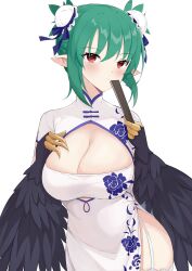 Rule 34 | 1girl, absurdres, black feathers, black wings, blush, breasts, china dress, chinese clothes, claws, cleavage, cleavage cutout, clothing cutout, commentary, double bun, dress, english commentary, feathers, garter straps, green hair, hair bun, harpy, highres, hzhc, indie virtual youtuber, large breasts, lincoro, mole, mole under eye, monster girl, pointy ears, red dress, red eyes, short hair, short twintails, solo, thighhighs, tiara, twintails, virtual youtuber, white dress, white thighhighs, winged arms, wings