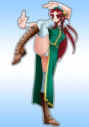 Rule 34 | 1girl, boots, brown footwear, china dress, chinese clothes, cross-laced footwear, dress, fighting stance, hat, hong meiling, lace-up boots, leg lift, long hair, panties, ranchuu (akamusume), red eyes, red hair, thighhighs, touhou, underwear, white thighhighs