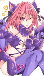 Rule 34 | 1boy, animal ears, astolfo (fate), blush, cosplay, crossdressing, dog ears, fate/apocrypha, fate/grand order, fate (series), hair ribbon, halloween costume, highres, long hair, looking at viewer, male focus, mash kyrielight, mash kyrielight (dangerous beast), mash kyrielight (dangerous beast) (cosplay), navel, official alternate costume, open mouth, pink hair, ponytail, purple eyes, ribbon, shielder (fate/grand order) (cosplay), shisei (kyuushoku banchou), simple background, solo, tail, trap