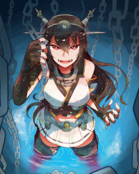 Rule 34 | 10s, 1girl, annotation request, black gloves, black hair, breasts, chain, elbow gloves, fingerless gloves, gloves, headgear, highres, itomugi-kun, kantai collection, large breasts, long hair, miniskirt, nagato (kancolle), pleated skirt, red eyes, skirt, soaking feet, solo, thighhighs, wading, water, zettai ryouiki