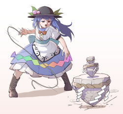 Rule 34 | 1girl, black headwear, blue hair, blue skirt, boots, bow, bowtie, bright pupils, brown footwear, food, fruit, full body, highres, hinanawi tenshi, keystone, leaf, long hair, looking at viewer, open mouth, peach, peroponesosu., rainbow gradient, red bow, red bowtie, red eyes, simple background, skirt, solo, spinning top, touhou, whip, white background, white pupils