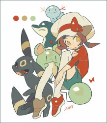 Rule 34 | 1girl, :d, alternate color, auko, border, bow, brown hair, cabbie hat, color guide, creatures (company), cyndaquil, full body, game freak, gen 2 pokemon, hand on own arm, hat, hat bow, lyra (pokemon), marill, nintendo, no pupils, open mouth, orange eyes, over-kneehighs, pokemon, pokemon (creature), pokemon hgss, red bow, red footwear, red shirt, shiny pokemon, shirt, shoes, signature, simple background, smile, thighhighs, twintails, umbreon, white background, white hat, white thighhighs, wooper