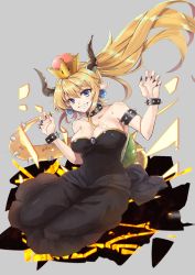 Rule 34 | 1girl, absurdres, alternate eye color, artist request, bare shoulders, black dress, black nails, blonde hair, blue eyes, bowsette, bracelet, breaking, breasts, brooch, claw pose, cleavage, collar, collarbone, dress, earrings, fang, fingernails, gradient eyes, grey background, grin, hands up, highres, hip focus, horns, jewelry, large breasts, long hair, mario (series), multicolored eyes, nail polish, new super mario bros. u deluxe, nintendo, pointy ears, ponytail, purple eyes, sharp fingernails, short hair, short hair with long locks, sidelocks, simple background, sitting, smile, solo, spiked bracelet, spiked collar, spiked shell, spiked tail, spikes, strapless, strapless dress, super crown, tail, thighs, yokozuwari
