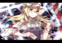 Rule 34 | 1girl, bad id, bad pixiv id, blonde hair, dress, female focus, hand in own hair, hat, hat ribbon, letterboxed, long sleeves, looking at viewer, purple dress, red medicine, ribbon, shirt, solo, spell card, touhou, upper body, wrist ribbon, yakumo yukari, yellow eyes