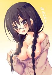 Rule 34 | 1girl, :d, areola slip, bare shoulders, black-framed eyewear, black hair, blush, braid, breasts, breasts out, brown eyes, clothes pull, collarbone, copyright request, glasses, gradient background, hair censor, hair over breasts, head tilt, large breasts, long hair, long sleeves, looking over eyewear, no bra, off shoulder, open mouth, semi-rimless eyewear, shiny skin, simple background, smile, solo, sorai shin&#039;ya, sweater, sweater pull, teasing, text focus, translated, twin braids, under-rim eyewear, upper body, yellow background