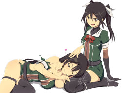 Rule 34 | 10s, 2girls, arm support, belt, black footwear, black gloves, black hair, black legwear, boots, breasts, brown eyes, caryo, chikuma (kancolle), cleavage, collarbone, gloves, hair ribbon, heart, kantai collection, knee boots, lap pillow, large breasts, long hair, lying, multiple girls, nanashino, on side, one eye closed, open mouth, ribbon, simple background, single thighhigh, sitting, smile, thigh strap, thighhighs, tone (kancolle), torn clothes, twintails, wariza, white background