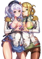 Rule 34 | 10s, 2girls, beret, black legwear, blue skirt, bra, breasts, brown hair, cleavage, clothes lift, epaulettes, folded ponytail, glasses, green bra, green eyes, green skirt, grey eyes, hat, heart, heart hands, heart hands duo, highres, jacket, kantai collection, kashima (kancolle), katori (kancolle), large breasts, looking at viewer, military, military uniform, miniskirt, multiple girls, necktie, open clothes, open jacket, panties, panties under pantyhose, pantyhose, parted bangs, purple bra, purple panties, riding crop, short twintails, silver hair, skirt, skirt lift, smile, st.microscope, thighband pantyhose, twintails, underwear, uniform, wavy hair