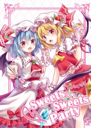 Rule 34 | 2girls, :d, :o, argyle, argyle background, argyle clothes, ascot, bat wings, blue hair, blush, bow, brooch, cover, crepe, crystal, doily, english text, flandre scarlet, food, frills, fruit, hat, hat ribbon, highres, ice cream, jewelry, kure~pu, midriff peek, mob cap, multiple girls, open mouth, red eyes, remilia scarlet, ribbon, sash, skirt, skirt set, smile, spoon, strawberry, touhou, wings