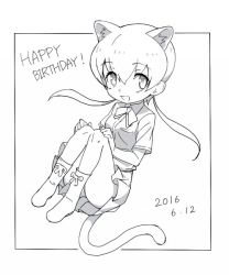 Rule 34 | 10s, 1girl, 2016, :d, animal ears, black border, black leopard (kemono friends), black panther (kemono friends), blush, boots, border, collar, collared shirt, dated, dot nose, english text, eyelashes, floating, floating hair, footwear ribbon, full body, greyscale, hair between eyes, hands on own knees, happy birthday, hatching (texture), kanemaru (knmr fd), kemono friends, knees together feet apart, knmr (knmr fd), long hair, looking at viewer, low twintails, monochrome, neck ribbon, official art, open mouth, outside border, panther ears, panther tail, pleated skirt, pocket, ribbon, sanpaku, shirt, short sleeves, simple background, skirt, smile, solo, tail, tareme, twintails, white background
