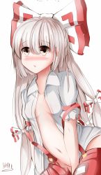 Rule 34 | 1girl, blush, bow, breasts, brown eyes, collarbone, covering privates, covering crotch, fujiwara no mokou, hair bow, hell.k, highres, hime cut, long hair, no panties, nose blush, open clothes, open shirt, pants, puffy short sleeves, puffy sleeves, shirt, short sleeves, small breasts, solo, suspenders, touhou, very long hair, white hair, white shirt