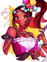 Rule 34 | + +, bare shoulders, breasts, brown eyes, closed mouth, dark-skinned female, dark skin, fire emblem, fire emblem engage, happy birthday, high ponytail, highres, holding, holding polearm, holding weapon, medium breasts, nam3737373, nintendo, polearm, sidelocks, solo, timerra (fire emblem), upper body, weapon