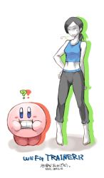 Rule 34 | 1girl, ?, bare shoulders, barefoot, black hair, breasts, capri pants, colored skin, controller, eating, eric flay, game controller, kirby, kirby (series), long hair, medium breasts, midriff, navel, nintendo, pants, ponytail, super smash bros., tank top, translation request, white skin, wii fit, wii fit trainer, wii fit trainer (female)