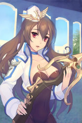 Rule 34 | 1girl, bow (weapon), breasts, brown hair, choker, collarbone, crossbow, garrison cap, hair between eyes, hat, holding, jacket, large breasts, long hair, lowres, navel, open mouth, red eyes, scope, solo, sword girls, weapon