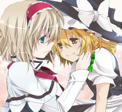 Rule 34 | 2girls, alice margatroid, blonde hair, blue hair, bow, capelet, female focus, hairband, hand on another&#039;s face, hand on own face, hat, hat bow, kirisame marisa, long hair, multiple girls, ribbon, short hair, smile, toraneko, touhou, witch, witch hat, yellow eyes