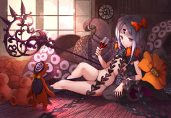 Rule 34 | 1girl, abigail williams (fate), abigail williams (third ascension) (fate), absurdres, alcohol, black bow, black hat, black panties, bookshelf, bow, chain, clock, cup, drinking glass, fate/grand order, fate (series), flat chest, forehead, hat, highres, indoors, keyhole, leaning back, legs, lens flare, long hair, looking at viewer, orange bow, panties, parted bangs, pink eyes, polka dot, polka dot bow, revealing clothes, rinu99, sitting, smile, staff, stuffed animal, stuffed toy, suction cups, sunlight, teddy bear, tentacles, thighs, third eye, underwear, unworn hat, unworn headwear, white hair, window, wine, wine glass, witch hat, wooden floor