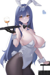 Rule 34 | 1girl, animal ears, bare arms, bare shoulders, black bow, black bowtie, black gloves, blue hair, bow, bowtie, breasts, brown eyes, brown pantyhose, cleavage, detached collar, drink, fake animal ears, fake tail, girls&#039; frontline, gloves, highleg, highleg leotard, highres, holding, holding tray, kaneko (bblogtinhan), large breasts, leotard, looking at viewer, pantyhose, playboy bunny, rabbit ears, rabbit tail, sidelocks, simple background, solo, tail, tar-21 (girls&#039; frontline), tar-21 (night at the bar) (girls&#039; frontline), tray, white background, wrist cuffs