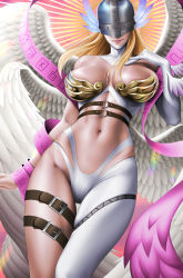 Rule 34 | 1girl, angel wings, angewomon, asymmetrical clothes, bare shoulders, belt, blonde hair, breasts, breasts apart, cleavage, clothing cutout, commentary request, covered eyes, cowboy shot, digimoji, digimon, digimon (creature), elbow gloves, floating, gloves, groin, hand on own chest, head wings, helmet, large breasts, lens flare, long hair, multiple wings, navel, navel cutout, revealing clothes, ribbon, sidelocks, single elbow glove, sinichi okazaki, skindentation, smile, solo, stomach, thigh gap, thigh strap, underbust, wings, wrist wings