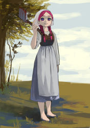 Rule 34 | 1girl, absurdres, apron, arm at side, arm up, axe, bad id, bad pixiv id, blood, blood on axe, bloody weapon, blue dress, blue eyes, blue footwear, braid, closed mouth, cloud, cloudy sky, commentary request, day, dress, full body, grass, highres, holding, holding axe, long hair, long sleeves, looking at viewer, low twin braids, multicolored eyes, original, outdoors, parted bangs, pink eyes, pink hair, sky, sleeve rolled up, smile, solo, standing, sunlight, tree, turquoise iro, twin braids, veil, weapon, white apron, white veil