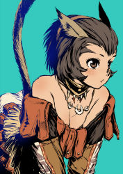 Rule 34 | 00s, 1girl, animal ears, blush, branch (blackrabbits), breasts, brown eyes, brown hair, cat ears, cat tail, cleavage, final fantasy, final fantasy xi, jewelry, mithra (ff11), necklace, nipple slip, nipples, simple background, solo, tail