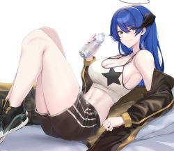 Rule 34 | 1girl, absurdres, arknights, bare legs, bare shoulders, black footwear, black jacket, black nails, black shorts, blue eyes, blue hair, bottle, breasts, camisole, cleavage, commentary, crop top, hair between eyes, halo, hand up, highres, holding, holding bottle, horns, jacket, kanta (kanta 077), knees up, large breasts, long hair, long sleeves, looking at viewer, midriff, mostima (arknights), nail polish, navel, off shoulder, official alternate costume, open clothes, open jacket, shoes, shorts, simple background, smile, sneakers, solo, spaghetti strap, stomach, thighs, white background