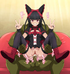 Rule 34 | 1boy, 1girl, animal ears, black collar, black hair, black nails, black shirt, black skirt, black sleeves, black thighhighs, blush, boots, bottomless, breasts, censored, clothes lift, collar, colored skin, cum, cum in pussy, cum overflow, detached collar, detached sleeves, dot nose, double m/, eyebrows, eyelashes, fake animal ears, fingernails, full body, gate - jieitai ka no chi nite kaku tatakaeri, gothic lolita, green skin, grin, hands up, hetero, highres, interspecies, knees up, lipstick, lolita fashion, long hair, looking at viewer, m/, makeup, mosaic censoring, nail polish, naughty face, necktie, orc, penis, petite, pussy, red collar, red eyes, red footwear, red necktie, red shirt, reverse suspended congress, rory mercury, sex, sex from behind, shirt, short necktie, short sleeves, silberspoon, skirt, skirt lift, small breasts, smile, solo focus, spread legs, teeth, testicles, thighhighs, two-tone collar, two-tone shirt, vaginal, w arms
