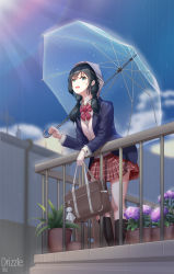 Rule 34 | 1girl, :d, absurdres, amano hina (tenki no ko), artist name, bag, black hair, black socks, blazer, blue eyes, blue jacket, blue sky, bow, bowtie, breasts, cloud, cloudy sky, collared shirt, commentary, english commentary, flower, hair between eyes, highres, holding, holding umbrella, hydrangea, jacket, kneehighs, light rays, long sleeves, medium hair, miniskirt, open clothes, open jacket, open mouth, outdoors, pink bow, pink bowtie, plaid, plaid skirt, plant, pleated skirt, potted plant, rain, rainbow, red skirt, school bag, school uniform, shirt, skirt, sky, small breasts, smile, socks, solo, standing, striped bow, striped bowtie, striped clothes, striped neckwear, sunlight, tenki no ko, teruterubouzu, thighs, transparent, transparent umbrella, twintails, umbrella, vic (user ztdh7374), white shirt, wing collar