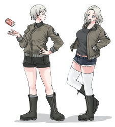 Rule 34 | 2girls, absurdres, alternate costume, black footwear, black shirt, black shorts, blonde hair, blue eyes, blue shorts, boots, brown jacket, can, closed eyes, closed mouth, coca-cola, commentary, cutoffs, darjeeling (girls und panzer), denim, denim shorts, drink can, emblem, facing another, girls und panzer, grey socks, hand on own hip, hands in pockets, heel up, highres, jacket, kay (girls und panzer), long sleeves, looking at another, medium hair, midriff, military, military uniform, multiple girls, open clothes, open jacket, open mouth, saunders military uniform, shadow, shirt, short shorts, shorts, simple background, skrmtl, smile, socks, soda can, standing, star (symbol), thighhighs, uniform, white background, white thighhighs