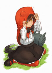 Rule 34 | 1girl, alternate costume, basket, blush, brown eyes, brown hair, cat tail, chen, female focus, full body, hood, little red riding hood, mary janes, multiple tails, pantyhose, red pantyhose, shibasaki shouji, shoes, short hair, simple background, sitting, skirt, solo, tail, touhou, wariza