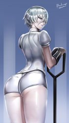 Rule 34 | androgynous, antarcticite, arched back, ass, badcompzero, black gloves, commentary request, cowboy shot, crystal hair, from behind, gem uniform (houseki no kuni), gender request, gloves, grey eyes, houseki no kuni, legs together, lips, lipstick, looking at viewer, looking back, makeup, pale skin, shiny skin, shirt, short hair, short sleeves, shorts, silver hair, solo, standing, sword, uniform, weapon, white shirt, white shorts