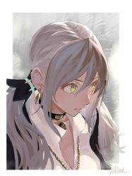 Rule 34 | 1girl, absurdres, border, choker, close-up, closed mouth, earrings, facing viewer, highres, huge filesize, jewelry, long hair, mimitoke, necklace, original, pendant, signature, simple background, solo, white border, white hair, yellow eyes