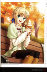 Rule 34 | 1girl, absurdres, ahoge, alternate costume, artoria pendragon (all), artoria pendragon (fate), autumn, bench, black pantyhose, blonde hair, blush, boots, fate/stay night, fate (series), female focus, food, green eyes, hair ribbon, highres, higurashi ryuuji, ice cream, nature, non-web source, outdoors, pantyhose, plant, ponytail, ribbon, saber (fate), scan, scarf, solo, type-moon