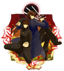 Rule 34 | 2boys, aged down, black keys (type-moon), brown eyes, brown hair, cassock, coat, command spell, cross, dual persona, eyebrows, fate/zero, fate (series), fighting stance, highres, jitome, knife, kotomine kirei, male focus, multiple boys, nekoyamiyako, throwing knife, trench coat, weapon