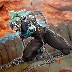 Rule 34 | 1boy, arms (game), black scarf, chain, domino mask, dutch angle, fence, goggles, kneeling, long arms, male focus, mask, nekobayashi (nekoforest), ninjara (arms), nintendo, ponytail, red eyes, scarf, shoes, short hair, sneakers, solo, tree