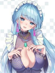Rule 34 | 1girl, amenohi shizuku, black choker, blue dress, blue eyes, blue hair, blush, breasts, center opening, choker, cleavage, collar, commentary, dress, earrings, fang, frilled collar, frills, furrowed brow, hands on own chest, head tilt, highres, indie virtual youtuber, jewelry, large breasts, light blue hair, long hair, looking at viewer, maid headdress, nervous smile, open mouth, patterned background, pendant, seigaiha, shuri (84k), skin fang, smile, solo, twitter username, upper body, virtual youtuber, white background