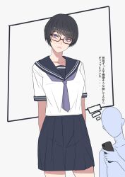 1girl arms_behind_back ban!_(bansankan) black-framed_eyewear black_hair blue_sailor_collar blue_skirt closed_mouth collarbone glasses light_frown looking_at_viewer original sailor_collar school_uniform short_hair short_sleeves simple_background skirt tsurime