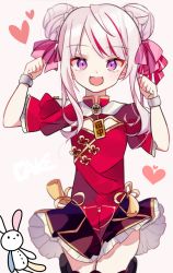 Rule 34 | 1girl, :d, black footwear, black skirt, bow, cake (isiofb), china dress, chinese clothes, commentary request, double bun, dress, fangs, hair bow, hair bun, hands up, heart, highres, hime channel, lolita fashion, miniskirt, multicolored hair, open mouth, pink bow, pleated skirt, purple thighhighs, qi lolita, red bow, red dress, red hair, shoes, side bun, sidelocks, silver hair, skirt, smile, solo, streaked hair, striped, striped bow, stuffed animal, stuffed rabbit, stuffed toy, tanaka hime, thighhighs, virtual youtuber, wrist cuffs