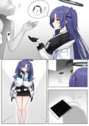 Rule 34 | !?, 1boy, 2girls, ?, absurdres, black gloves, black skirt, blue archive, blue necktie, blush, breasts, closed eyes, closed mouth, collared shirt, doodle sensei (blue archive), formal, gloves, halo, highres, ipad, jacket, large breasts, long hair, long sleeves, mechanical halo, mijikayo, multiple girls, necktie, open mouth, pleated skirt, purple eyes, purple hair, sensei (blue archive), shirt, skirt, suit, tablet pc, thighs, two-sided fabric, two-sided jacket, two side up, white jacket, white shirt, yuuka (blue archive)