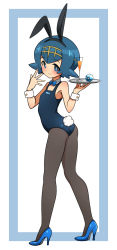 Rule 34 | 1girl, alternate costume, animal ears, ass, bare arms, black pantyhose, blue eyes, blue hair, blush, bow, bowtie, breasts, champagne glass, creatures (company), cup, detached collar, dive ball, drinking glass, fake animal ears, flat ass, from side, full body, game freak, hair ornament, hairband, hamburger kitazawa, high heels, holding, holding plate, lana (pokemon), legs, leotard, looking at viewer, nintendo, one-piece swimsuit, pantyhose, pantyhose under swimsuit, plate, playboy bunny, playboy bunny swimsuit, poke ball, pokemon, pokemon sm, rabbit ears, rabbit tail, short hair, simple background, small breasts, smile, solo, swimsuit, tail, tray, trial captain, white background, wrist cuffs