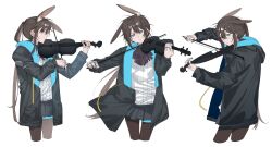 Rule 34 | 1girl, amiya (arknights), animal ears, arknights, black jacket, black pantyhose, black skirt, blue eyes, bow (music), brown hair, chinese commentary, closed mouth, commentary request, cowboy shot, expressionless, highres, holding, holding bow (music), holding instrument, holding violin, hood, hooded jacket, instrument, jacket, jewelry, long hair, long sleeves, molu stranger, multiple rings, multiple views, music, pantyhose, playing instrument, pleated skirt, profile, rabbit ears, ring, shirt, simple background, skirt, thigh strap, violin, white background, white shirt