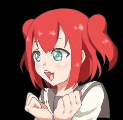 Rule 34 | 1girl, aqua eyes, artist name, artist request, blush, bow, bowtie, breasts, clenched hands, collarbone, female focus, green eyes, hair between eyes, kurosawa ruby, long sleeves, looking at viewer, love live!, love live! sunshine!!, parted lips, pog (tojlko), red hair, sailor collar, school uniform, shirt, short hair, smile, solo, two side up, uranohoshi school uniform, white shirt, yellow bow, yellow bowtie