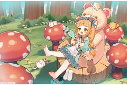 Rule 34 | 1girl, :d, barefoot, bear, blue dress, bow, bowtie, braid, cat, chinese commentary, commentary request, dress, fang, forest, frilled dress, frills, highres, ichihara nina, idolmaster, kuma-bound, letterboxed, long hair, low-tied long hair, lying, mushroom, nature, on back, open mouth, orange hair, outdoors, pointing, red bow, red bowtie, smile, socks, soles, toes, tree stump, unworn footwear, white socks, yellow eyes