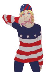 Rule 34 | 1boy, american flag, blonde hair, blue eyes, contemporary, flag print, hat, johnny joestar, jojo no kimyou na bouken, krusier, male focus, solo, steel ball run, sweater