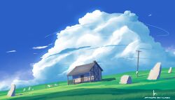 Rule 34 | absurdres, artist name, blue sky, building, cloud, cloudy sky, grass, grasslands, highres, house, line4x, no humans, original, outdoors, power lines, rock, scenery, sky, utility pole